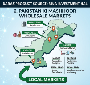 Pakistan famous wholesale markets map infographic for online earning and Daraz product sourcing.