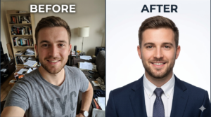 Mobile app AI before and after professional headshot comparison formal suit transformation